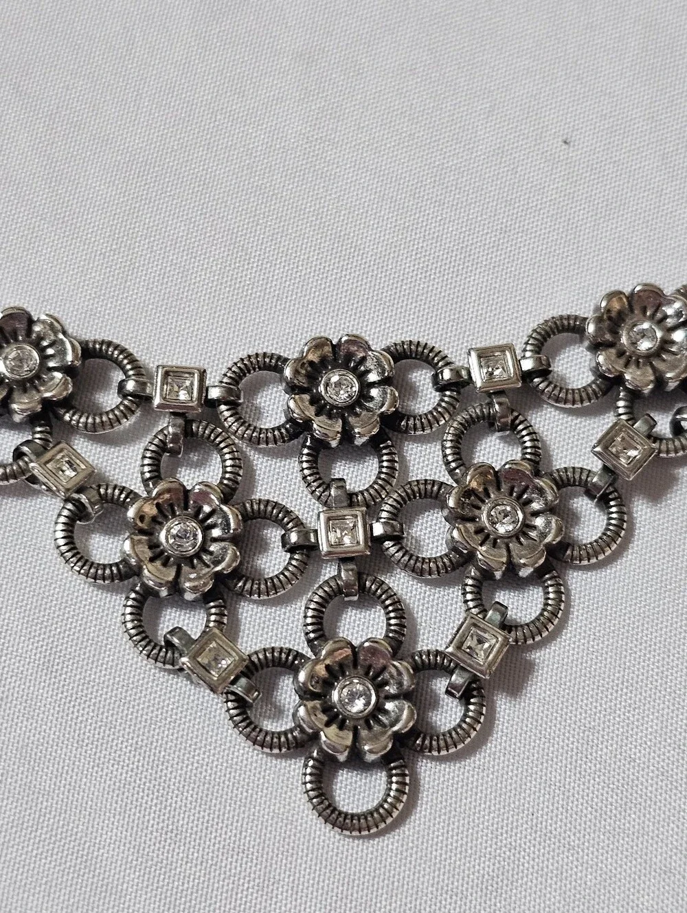Brighton Joan of Arc Flower Crystal Bib Statement Necklace Silver Tone